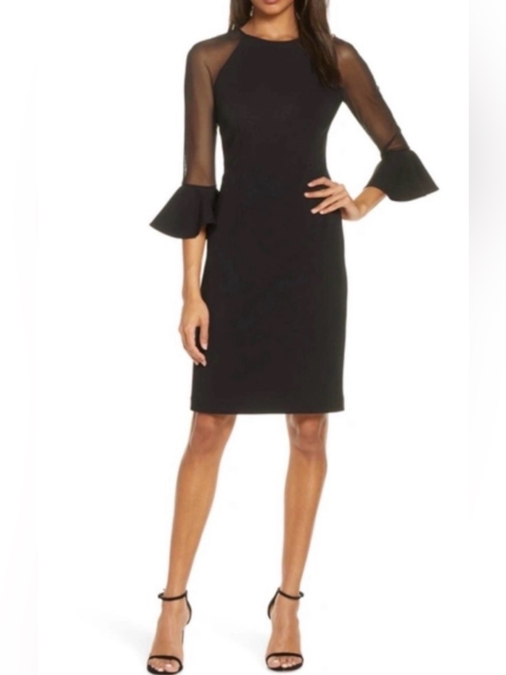 Eliza J Black Midi Dress with Sheer Sleeves and Ruffle Cuffs